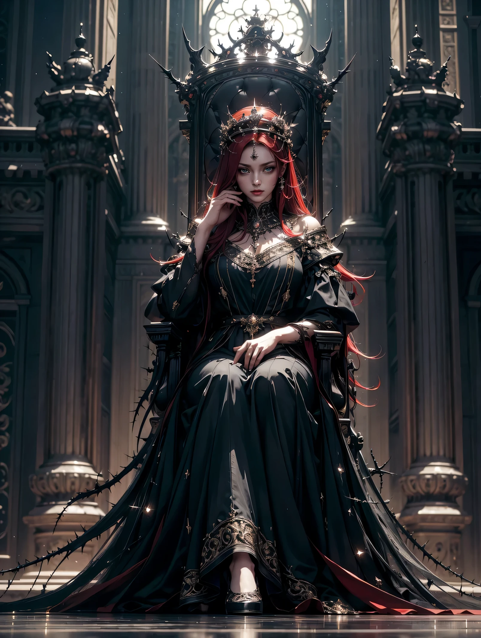 best quality, 8k, UHD, highres, masterpiece, ultra-detailed, realistic, photorealistic, photo-realistic, portrait, 1woman, long hair, red hair. black dress, crown, sitting on the throne, palace