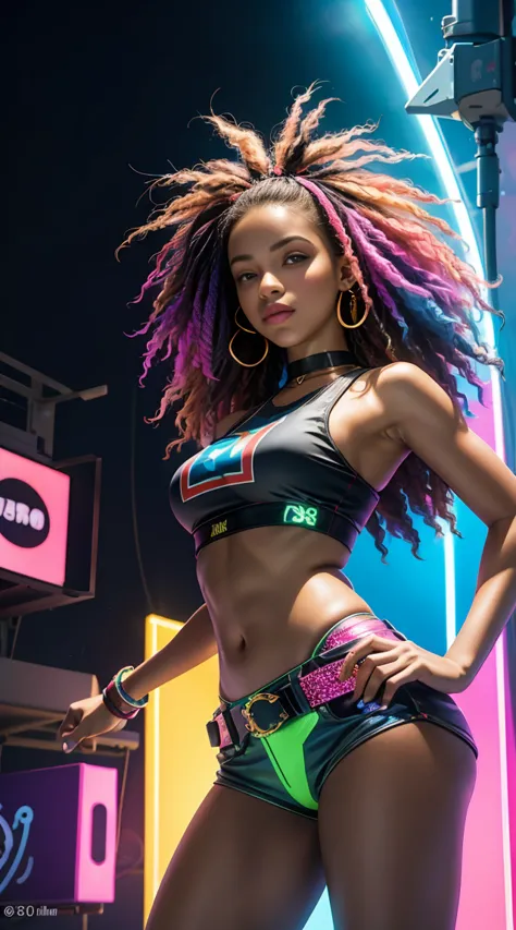 mulher arafed (afro americana))with long rainbow hair and a neon cyberpunk tank top, retrato, ela tem um rosto bonito, imagens d...