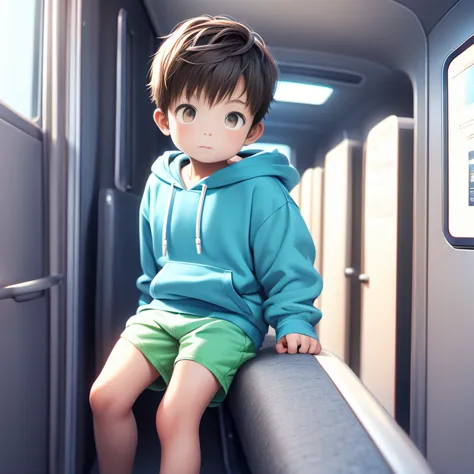 Male child who is looking to the side, with brown hair and blue hoodie and green shorts and brown eyes., 