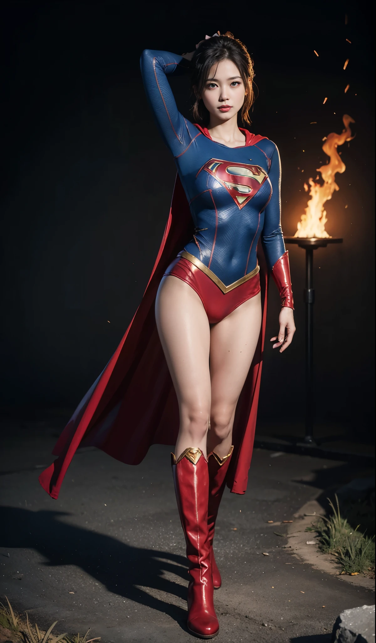 no background、short hair、supergirl costume、Snug costume、(((stretch your legs、tall、Legally express the beauty of your smile)))、((((Get the most out of your original images)))、(((supergirl costume、torn、Tattered、being destroyed)))、(((beautiful hair)))、(((I&#39;m in pain)))、(((Legs must be worn with black tights)))、(((must wear red boots、being destroyed)))、((Highest image quality、8K))、((highest quality、8K、masterpiece:1.3))、(((keep background )))、clear focus:1.2、beautiful woman with perfect figure:1.4、Full of scars、bloody、full of blood、slender abs:1.2、wet body:1.5、Highly detailed face and skin texture、8K