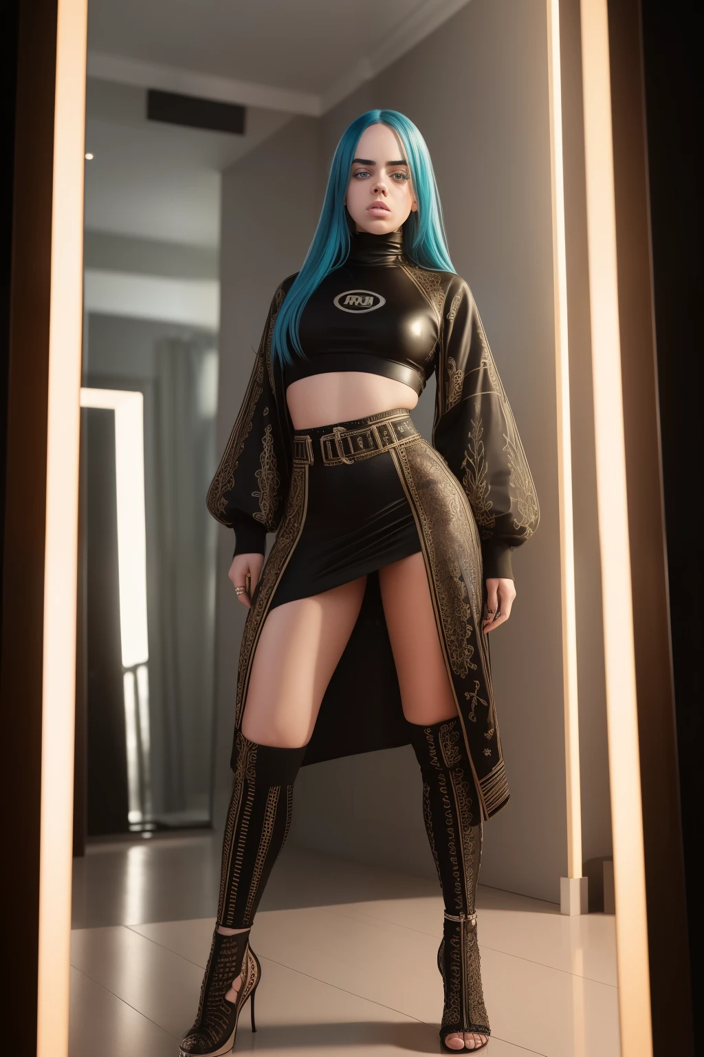 A woman with blue hair and black leather outfit posing in a doorway -  SeaArt AI