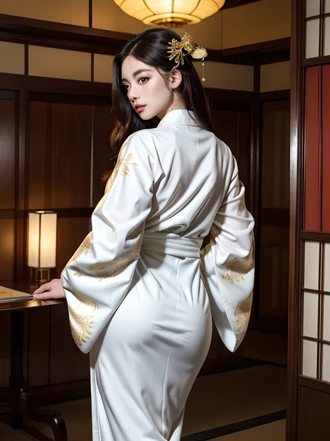 (beautiful model in japanese kimono commercial, beautiful straight long black hair), solo, ((face is 80% beauty and elegance, 20...