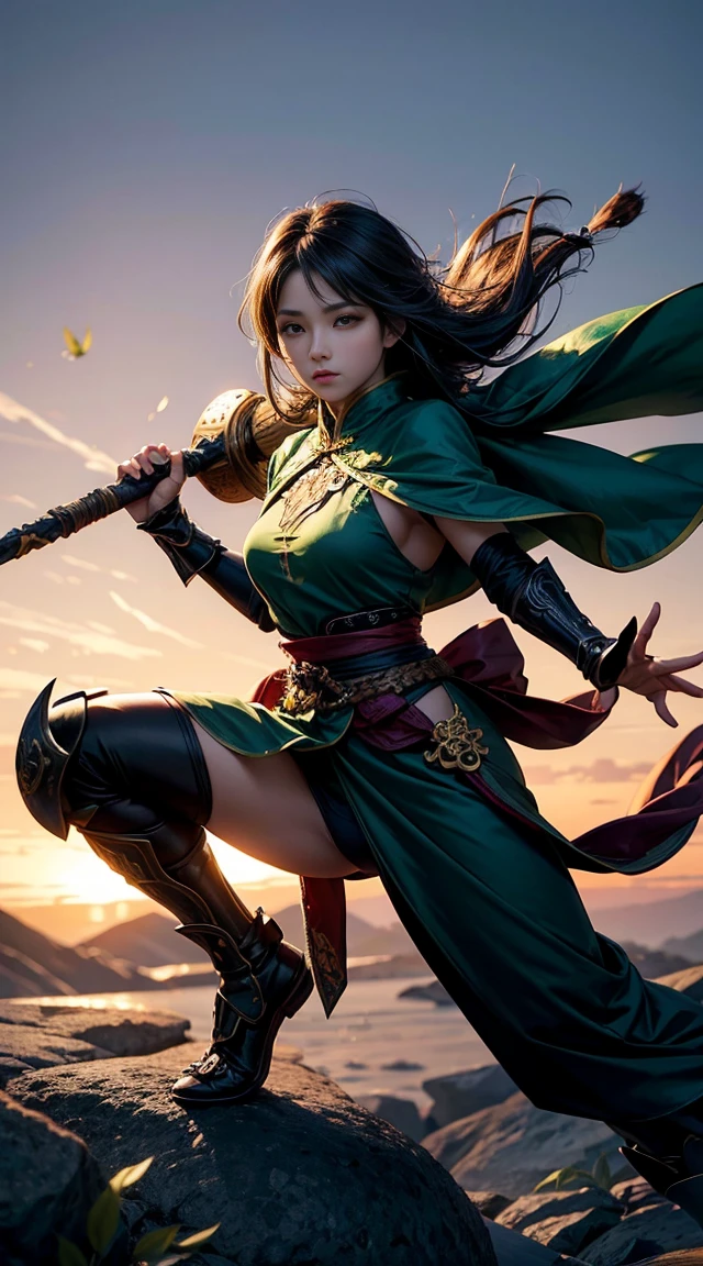 ((full body illustration)), high definition|quality|contrast. Magic fantasy art. an beautiful Chinese warrior woman holding a staff in a combat pose, ((imposing pose)), looking at the viewer, traditional dress in shades of green, tattoo on her leg, (swirl of leaves around), wind. her body emanates an energy of peace and strength that emits white and green colors of peace and strength.This energy that radiates around her protects her against an evil spirit. soft ambient light. ((((2.5D anime style)))