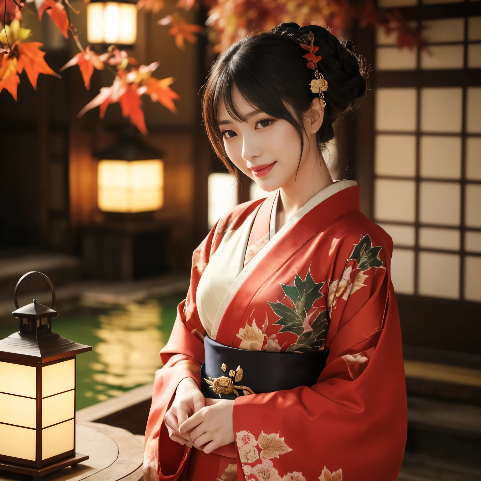 ((highest quality、table top、8K、best image quality、very intricate and detailed details))、1 prostitute、Oiran kimono、Oiran kimono、Accurate Oiran kimono、Gorgeous Oiran kimono、The background is the garden of a luxury hot spring inn...、smile at the camera、Photo from the waist up、((red autumn leaves、red autumn leaves、Autumn foliage))、Japanese garden、(Stone lantern)、(hot spring)、1 lantern、(Corridor of the inn、Japanese-style ryokan)、midnight、Cloudy、lantern light、red lipstick、long eyelashes、perfect makeup、dark night、naked and wearing only a kimono、detailed face