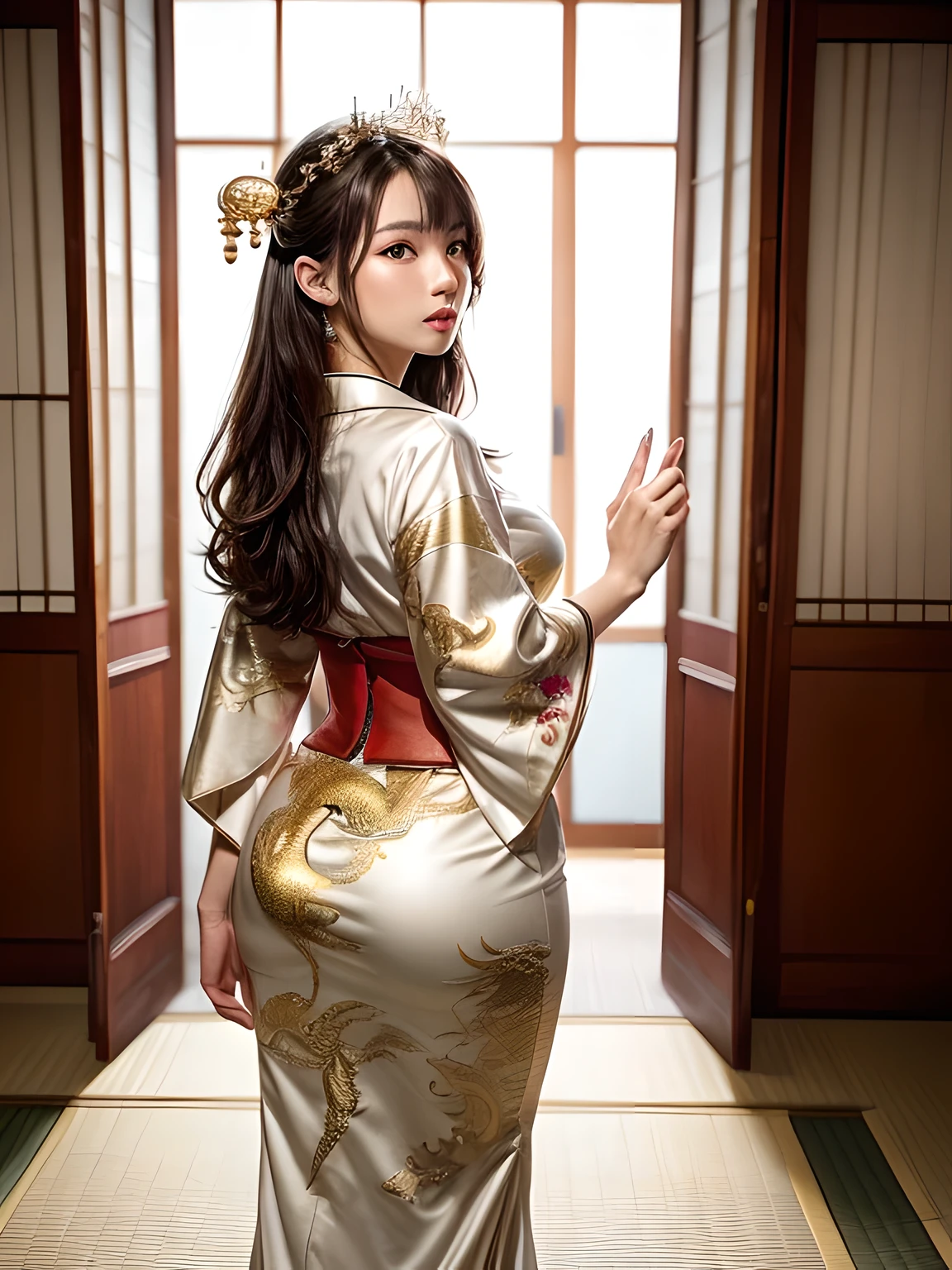 (Beautiful model in Japanese kimono commercial, beautiful straight long black hair), solo, ((face is 80% beauty and elegance, 20% pretty and cute:1.5)), clear eyes, (detailed eyes, light green eyes, bright pupils), Double Eyelids, (sexy lips with a little thickness:1.2), ((super detailed and incredibly high resolution Deep-white Kimono:1.2)), Highly Detailed Face Texture, striking body shape, curvy and very attractive woman, high-resolution RAW color photo pro photo, BREAK ultra high-resolution textures, High-res body rendering, big eyes, unparalleled masterpiece, incredible high resolution, super detailed, stunning ceramic skin, BREAK ((Facing back to show the pattern of the Kimono:1.5)), ((Wearing a white kimono with plenty of glittering gold embroidery of a rising-chinnese-dragon:1.5)), ((The white kimono has a very dazzling embroidery of a rising-chinnese-dragon:1.2)), (Finely crafted and sensual Japanese kimono), ((The embroidery pattern is a Chinese-dragon rising to the sky):1.2), ((elaborately and elegantly decorated White Kimono)), (Taken in front of a round fusuma window in a Japanese-style room)), BREAK ((Best Quality, 8k)), Crisp Focus:1.2, (Layer Cut, Big:1.2), (Beautiful Woman with Perfect Figure:1.4), (Beautiful and elegant rear view:1.3), Slender waist, (Correct hand shape:1.5), (Full body shot | cowboy shot)