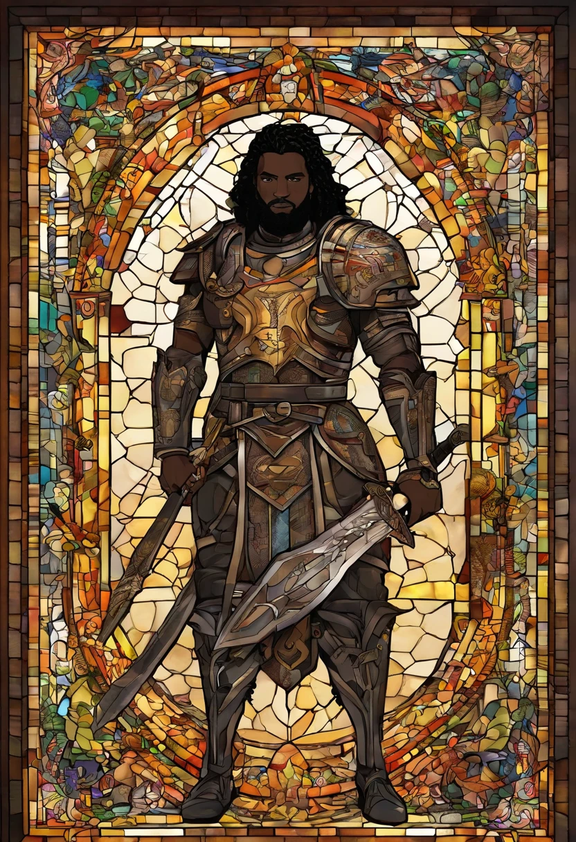 Um homem negro, gordo ((1,75cm_123kg)), usando roupas de guerreiros africanos antigos , carrying a shield in his left arm and a spear in his right arm, com poderes da terra e tendo um stand ((Jojo)) das sobras chamado "castle of Glass" , usando cabelo dread ((corpo_todo)) 