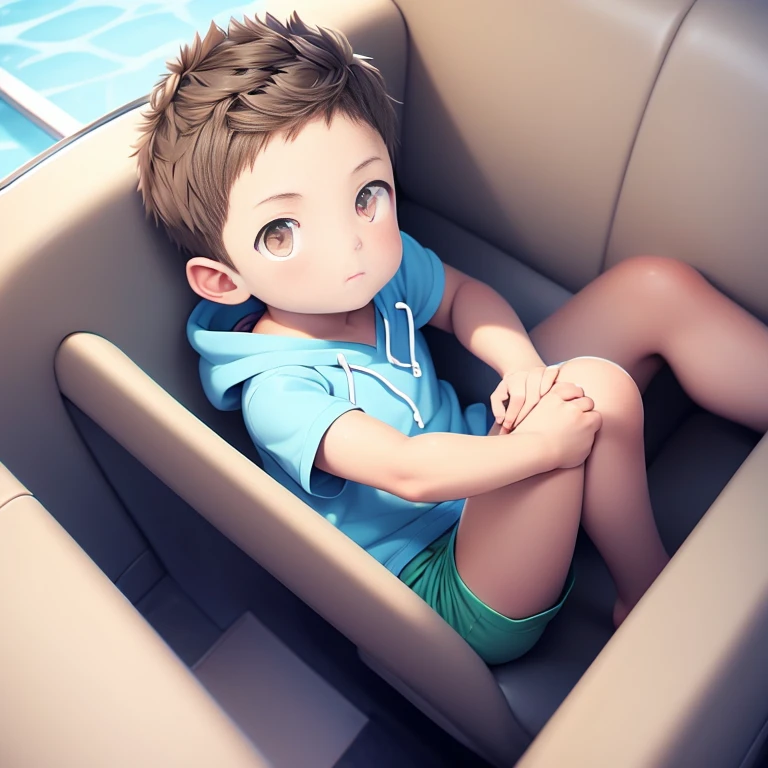 Male child looking to the side, with brown hair and blue hoodie and green shorts and brown eyes., perspective from above 