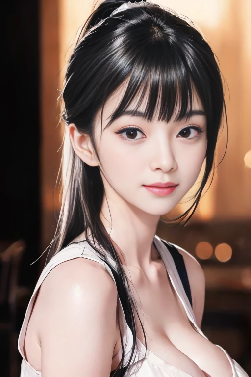 Belle femme japonaise, Beau visage parfait et peau douce, petit visage，Nez et lèvres roses, Beaux yeux, beau sourire. noir, mince, de longs et beaux cheveux baignés de lumière éthérique brillante. Dégradé Highlight Beige Layered Loose Fluffy Medium Coiffure, Chemise col marine × jupe évasée pied-de-poule, fond coloré néon lumineux, Photos de femmes surréalistes, Chef-d&#39;œuvre 8K haute résolution de haute qualité