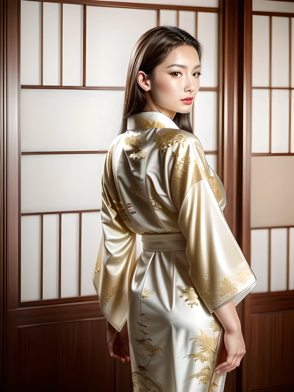 (Beau modèle dans une publicité pour un kimono japonais, beaux cheveux noirs longs et raides), seulement, ((le visage a 80 ans% beauté et élégance, 20% jolie et mignonne:1.5)), Yeux clairs, (yeux détaillés, yeux vert clair, pupilles brillantes), Double paupières, (lèvres sexy avec un peu d&#39;épaisseur:1.2), ((Super détaillé and incredibly high resolution Deep-white Kimono:1.2)), Texture du visage très détaillée, forme du corps frappante, femme courbée et très attirante, photo couleur RAW haute résolution photo professionnelle, casser ultra high-resolution textures, Rendu du corps haute résolution, gros yeux, chef-d&#39;œuvre sans précédent, une haute résolution incroyable, Super détaillé, superbe peau en céramique, casser ((Face vers l&#39;arrière pour montrer le motif du kimono:1.5)), ((Vêtu d&#39;un kimono blanc avec de nombreuses broderies dorées scintillantes représentant un dragon chinois montant.:1.5)), ((Le kimono blanc a une broderie très éblouissante d&#39;un dragon chinois montant.:1.2)), (Kimono japonais finement travaillé et sensuel), ((Le motif de broderie est un dragon chinois s&#39;élevant vers le ciel):1.2), ((Kimono blanc richement et élégamment décoré)), (Prise devant une fenêtre ronde fusuma dans une pièce de style japonais)), casser ((Meilleure qualité, 8k)), mise au point nette:1.2, (coupe en couches, grand:1.2), (Belle femme avec une silhouette parfaite:1.4), (Vue arrière belle et élégante:1.3), taille fine, (forme correcte de la main:1.5), (Prise de vue complète du corps | tir de cow-boy)