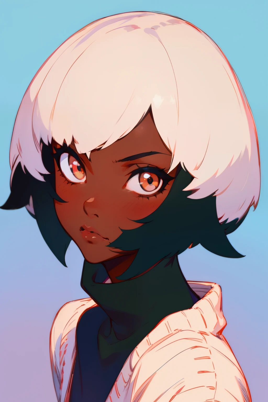 1girl, portrait, short hair, dark-skinned female, dark skin, sweater