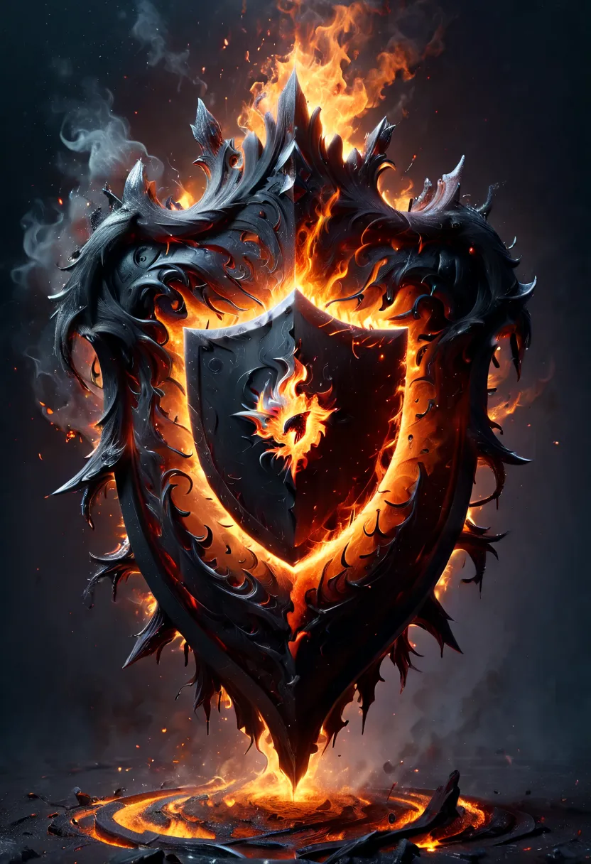 a huge shield composed of elements of fire, shield made of black smoke, black light art, low angle view, octane render, enhance,...