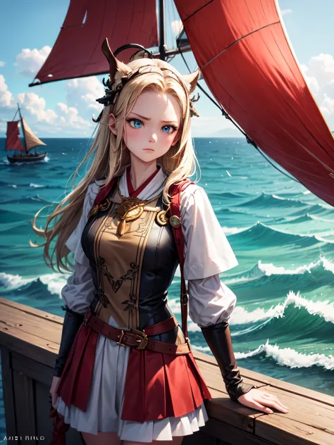 a 1girl, 独奏, Viking Girl, Scandinavian clothing, tense face, Simple background, The sea, sails on a large Scandinavian ship, hig...