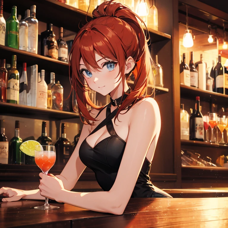 (best quality,highres),1red-haired man,1ponytail,1bartender outfit,1bartender,2bar scene,cocktails,neon lights,lively atmosphere,energetic vibe,smooth jazz music,dark smokey room,reflections on the bar counter,diverse clientele,cool and sophisticated,hip and trendy,new age mixology,creative concoctions,flair bartending,expert mixologist