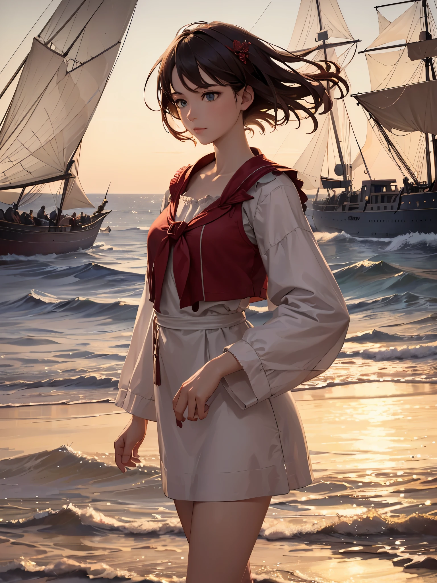 (masterpiece, super high quality, super detailed), landscape, young girl, Assol, scarlet sails, girl looking at the sea from the coast, camera looking at the sea, intricate details, sailing ship with scarlet sails, A scene from a novel by Alexander Greene "scarlet sails"