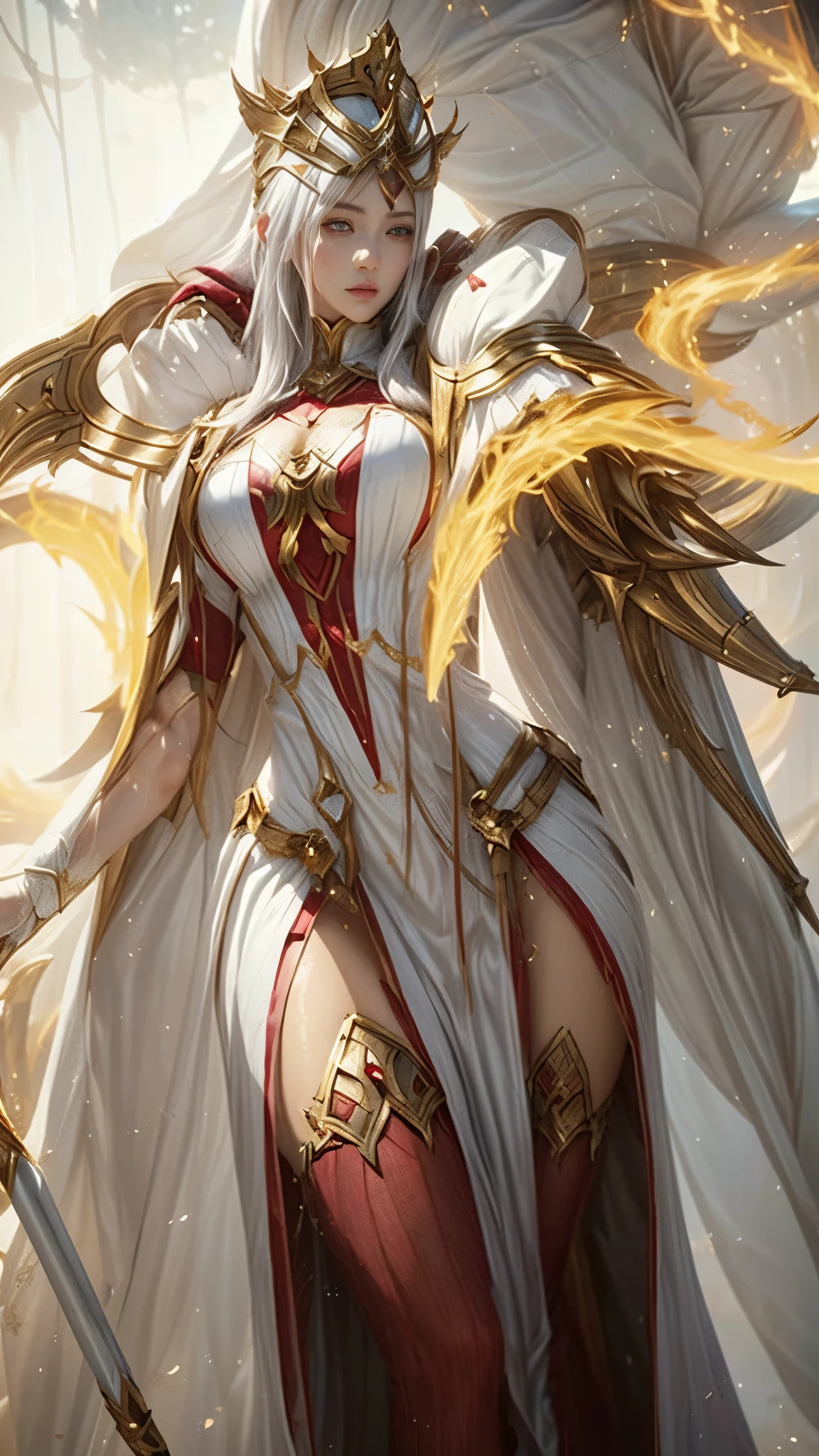 a close up of a woman in a white and red outfit holding a magic Wand, irelia, irelia from league of legends, extremely detailed artgerm, white and gold priestess robes, ig model | artgerm, inspired by Leona Wood, style artgerm, style league of legends, fiora from league of legends