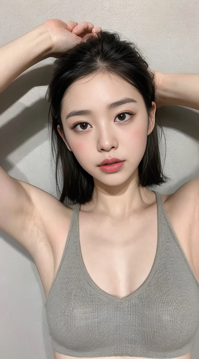 naked korean girl, cute poses ((Best quality, 8k, Masterpiece :1.3)), 1girl, Pretty woman with emphasizing slender abs :1.3, (random hairstyles :1.2), Oversized tank top :1.2, Ultra-detailed face, Detailed eyes, Double eyelid, armpit