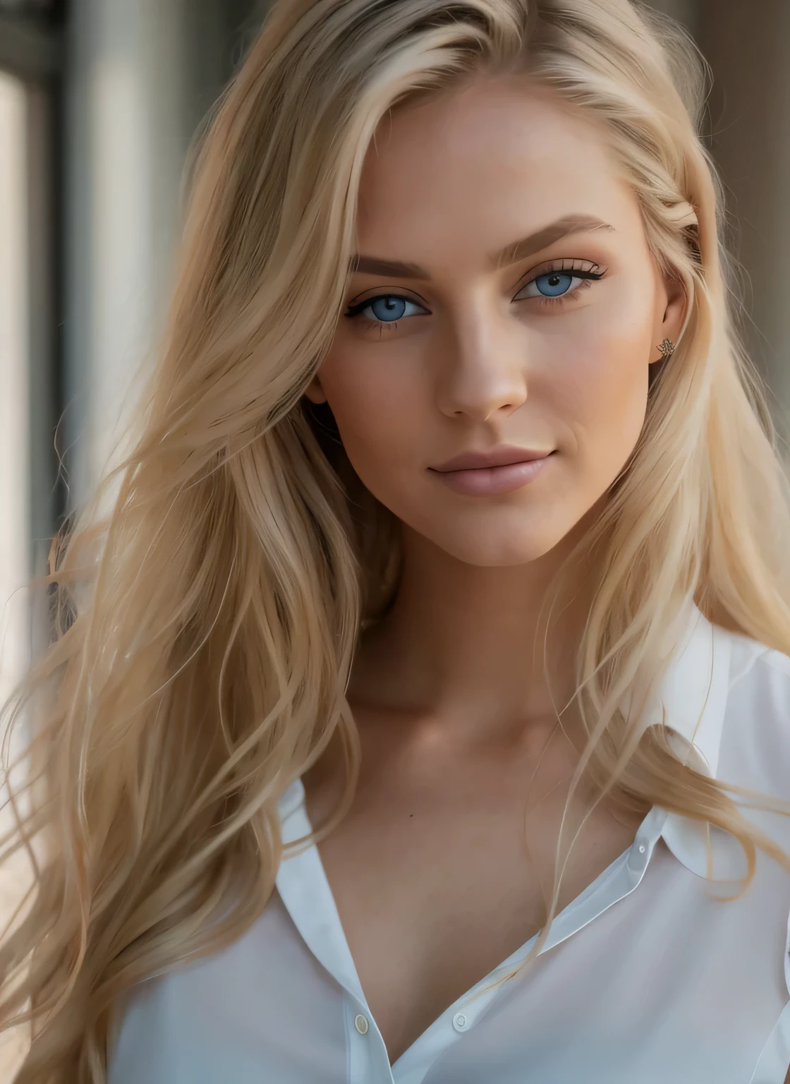 A close up of a woman with long blonde hair and blue eyes - SeaArt AI