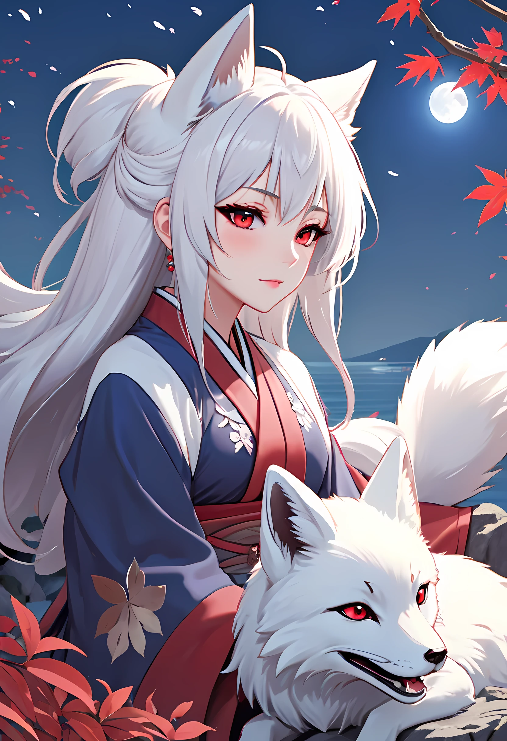(better quality,masterpiece,high detailed),(perfect face:1.5),anime girl sitting on a rock with a huge crescent moon in the background, sleeping white - haired fox,lake,(bright eyes:1.5),(red leaves:1.4),(detailed wafuku:1.2),medium shot,anime art wallpaper 8 k, anime art wallpaper 4k, anime style 4 k, kitsune, onmyoji detailed art, anime wallpaper 4 k,a beautiful fox lady, fox nobushi, onmyoji detailed art, white haired deity,  white fox anime,