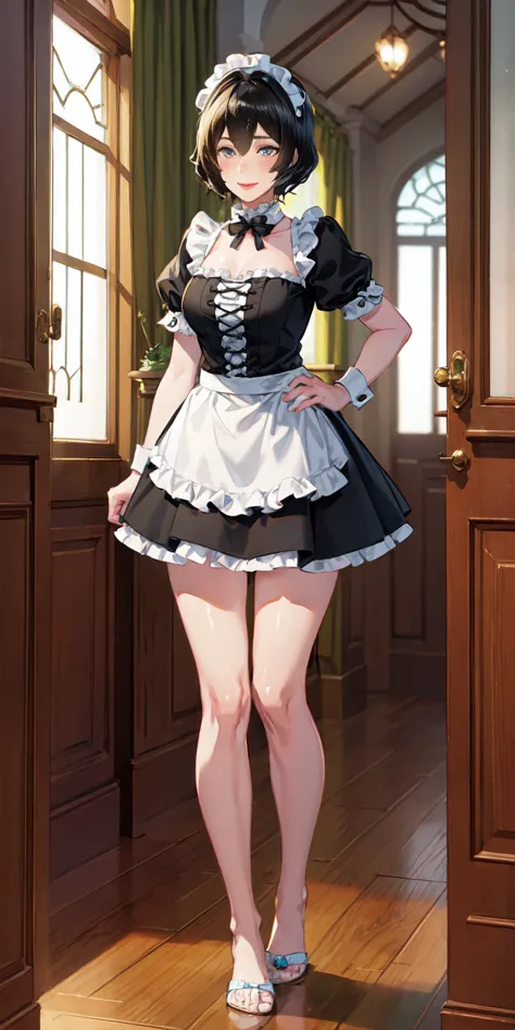 1girl, cute, ((short black hair girl and long blonde hair girl)), maid victorian, maid apron, straight face, dazed, body positio...