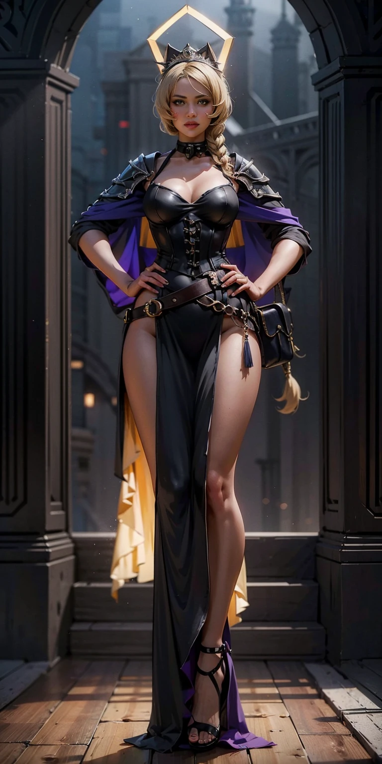 paladin lady in ornate golden armor, black collar, pauldrons, breastplate, corset, glowing halo, single braid, blonde, yellow glowing eyes, bright pupils, eye focus, red cape, temple indoors, stained glass windows, night, moonlight, particles, light beam, chromatic aberration, (full body, whole body. 1solo (girl). slave fighter, loincloth standing, hands on hips full body, whole body. 1solo (girl). slave fighter, loincloth standing, hands on hips, metal sandals, backpack, choker, big belt, view from below, feet together, bracers, tiara)
