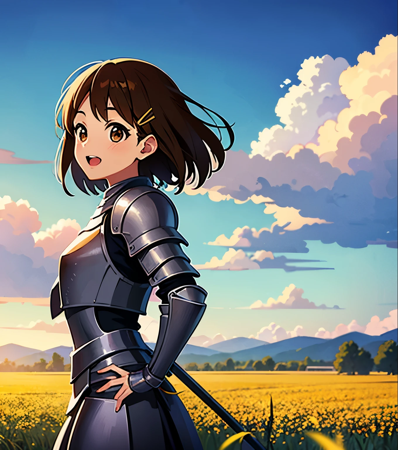 ((masterpiece)),(high details), (best quality),((perfect face)),((perfect fingers)),(high resolution), (1 girl in a field with a blue sky and clouds),Hirasawa Yui,K-ON anime,((short hair)),(brown hair),((brown eyes)),hair clip,(((wear knight armor))),open mouth and smile,hand on hip, morning day,scenery grass field with a blue sky,countryside landscape, beautiful anime scenery,anime nature, beautiful peace scene,cowboyshot, from side,
