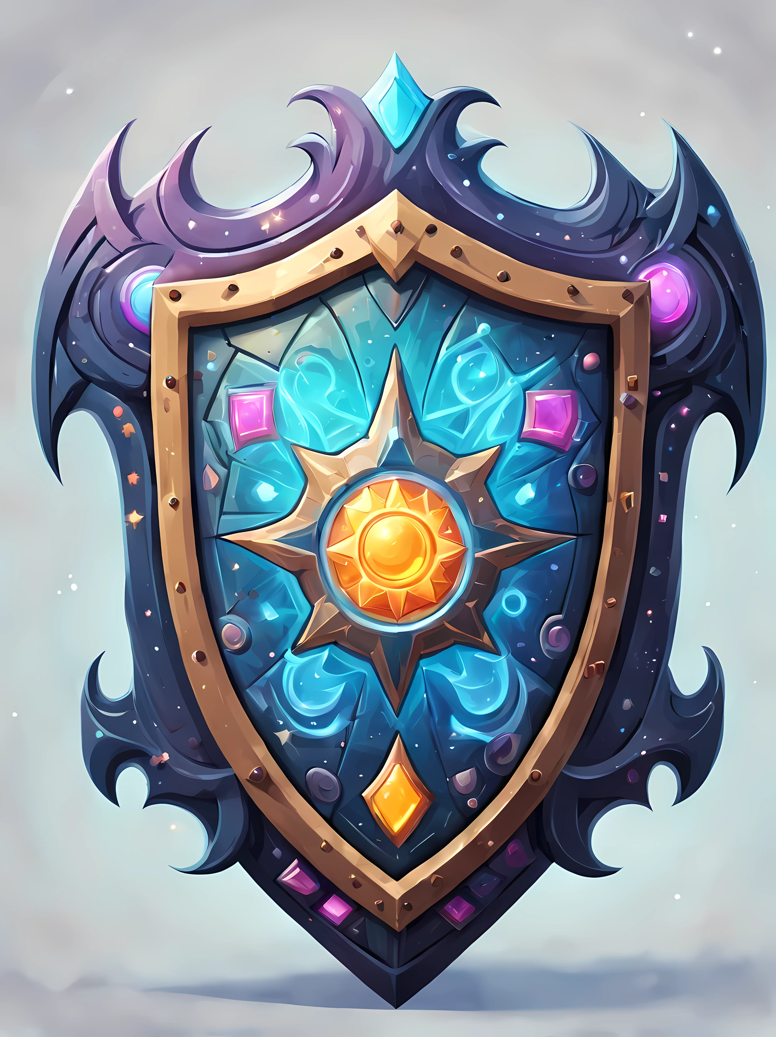 Masterpiece in maximum 16K resolution, cute colorful cartoon style with bold lines, a fantasy art illustration (featuring a giant magical shield) that has a single image of a powerful lich king on it, the shield also has complex rich gothic patterns, simple background with ethereal soft blue flames. | ((More_Detail))