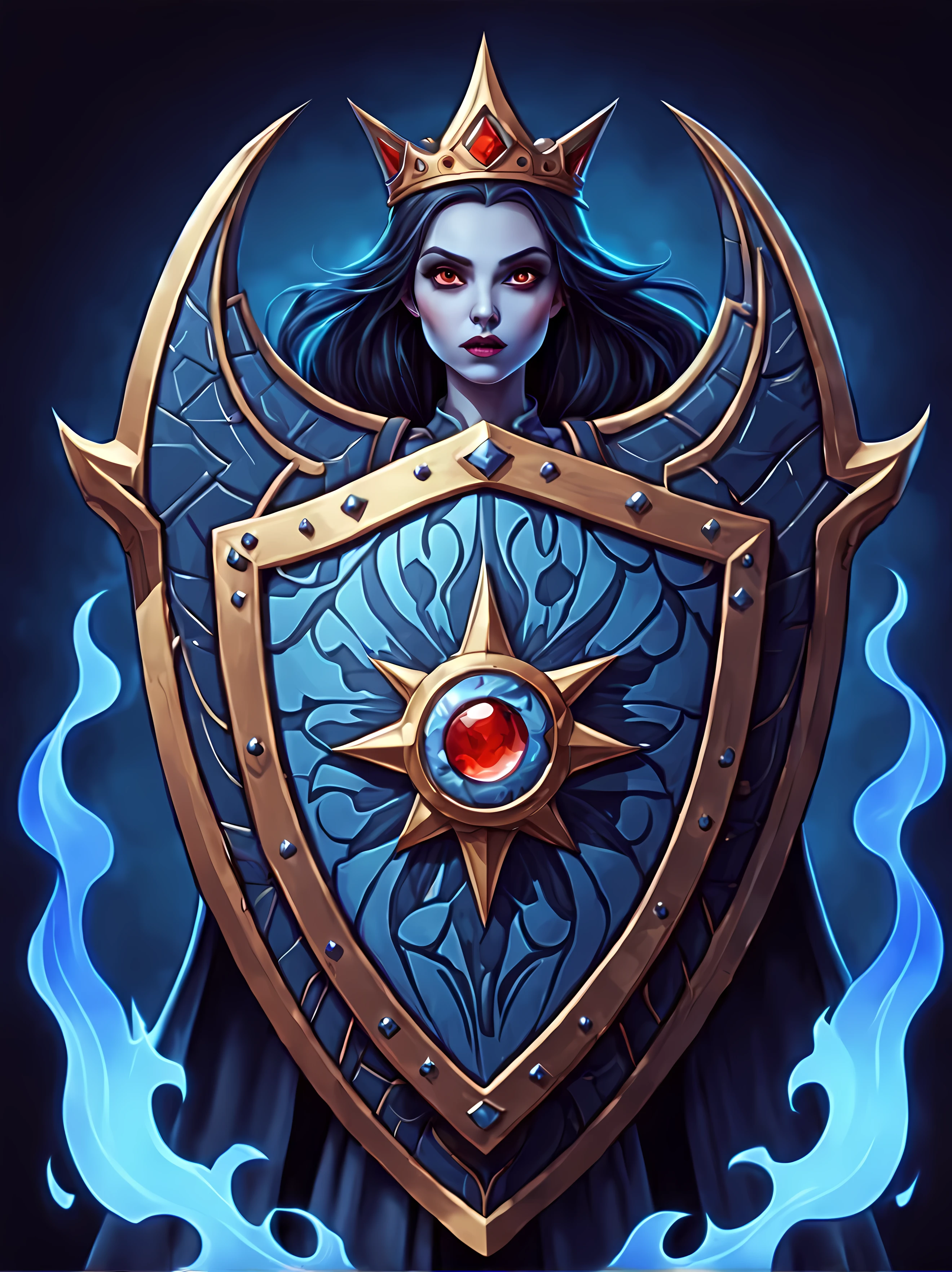 Masterpiece in maximum 16K resolution, cute colorful cartoon style with bold lines, a fantasy art illustration (featuring a giant magical shield) that has a single image of a powerful lich king on it, the shield also has complex rich gothic patterns, simple background with ethereal soft blue flames. | ((More_Detail))