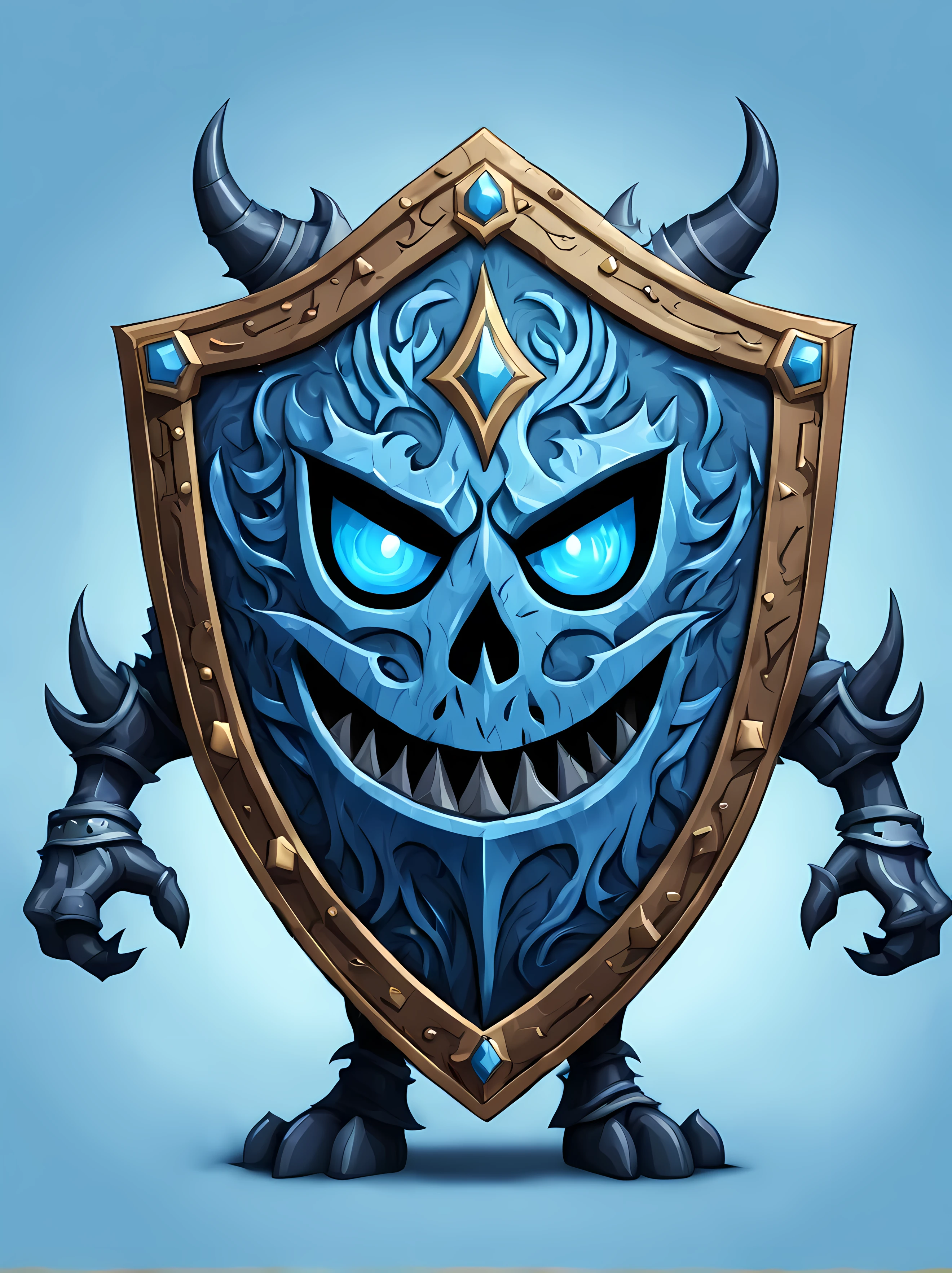 Masterpiece in maximum 16K resolution, cute colorful cartoon style with bold lines, a fantasy art illustration (featuring a giant magical shield) that has a single image of a powerful lich king on it, the shield also has complex rich gothic patterns, simple background with ethereal soft blue flames. | ((More_Detail))