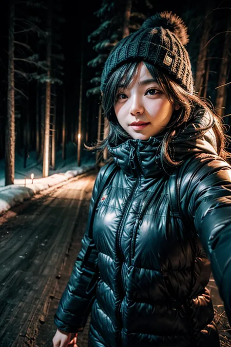 girl at night in the wood, selfie, dressed for trekking, winter, laughing, at night, very dark, infrared photography, without fl...