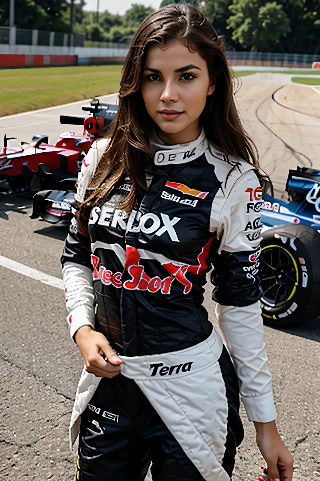 Arafed Woman In A Racing Uniform Standing Next To A Race Car - Seaart Ai