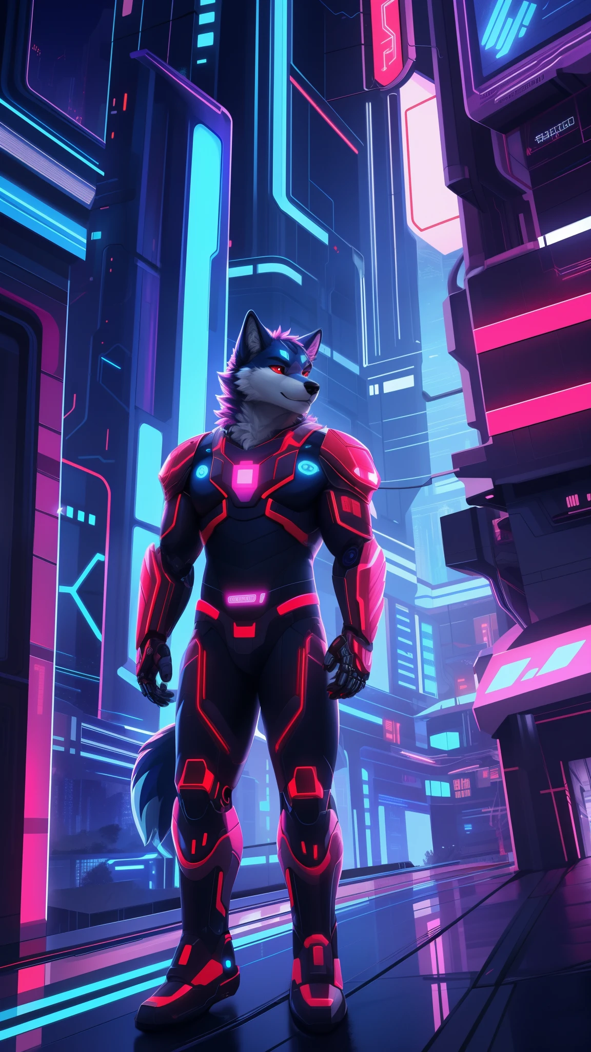 (best quality,highres:1.2),digital art,wolf character with red eyes,cyborg golden armor,anthropomorphic,detailed fur,city of the future in the background,glowing neon lights,futuristic architecture,contrasting colors,mechanical elements,high-tech atmosphere