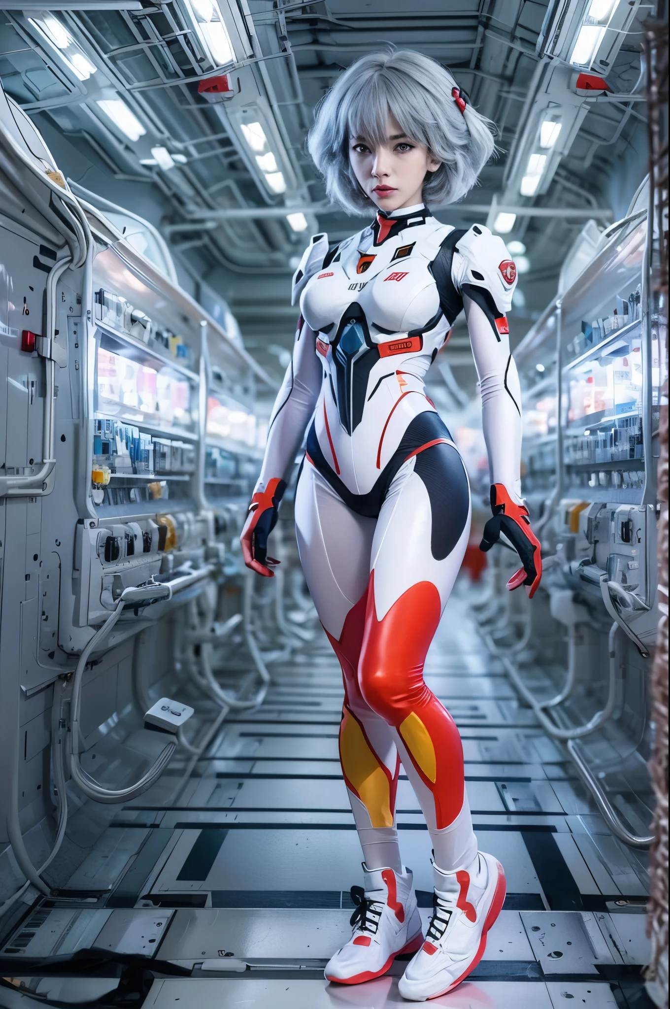 ภาพเต็มตัวของ Rei Ayanami จาก Neon Genesis Evangelion, ภายในห้องปฏิบัติการ NERV ที่มีนักวิทยาศาสตร์จำนวนมาก, ฉากที่มีรายละเอียด, รายละเอียดที่น่าทึ่ง, อะนิเมะ, สภาพแวดล้อมโดยละเอียด, การติดตามรังสี, 8k，ยิงเต็มตัว，รองเท้าโลหะสีขาวมันวาว，ชุดกระชับสัดส่วนเรืองแสงที่ติดอยู่ทั้งตัวถูกหุ้มด้วยเส้นวงจรทรงเรขาคณิตสุดไฮเทค.，สถิตยศาสตร์，รูปแบบศิลปะที่สมบูรณ์แบบ