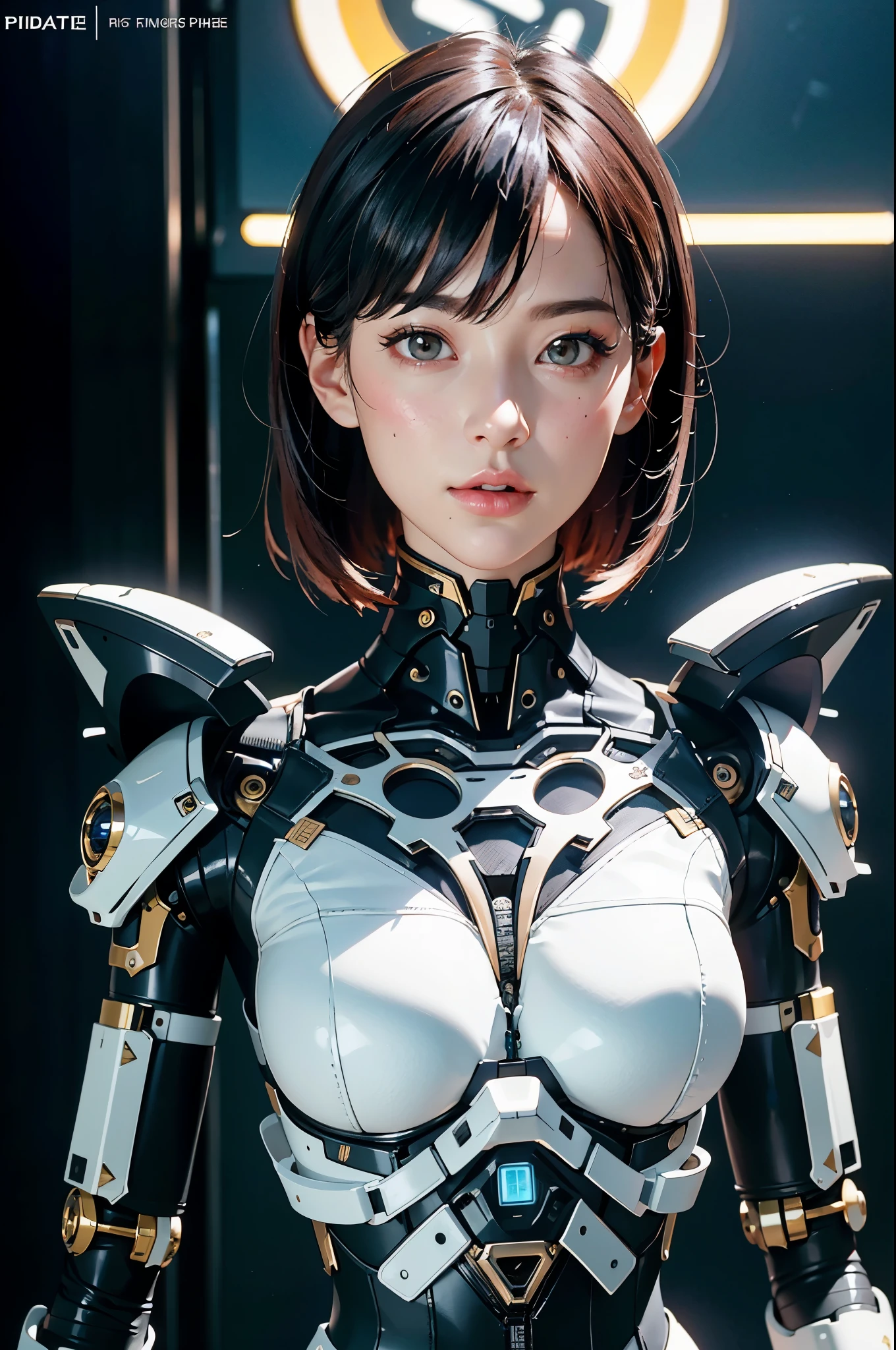 Complex 3D rendering of ultra-detailed porcelain female robot, 1 girl, (natural skin texture, actual eye details:1.2), part, beautiful soft light, rim light, Vibrant details, Luxury Cyberpunk, hyperactual, anatomical, face muscles, Cable wire, microchip, elegant, beautiful background, octane rendering, apple style, 8k, best quality, masterpiece, illustration, extremely delicate and beautiful, CG, Unite, wallpaper, (actual, photo-actual:1.2), Astonishing, fine details, masterpiece, best quality, official art, extremely detailed CG Unite 8k wallpaper, Extremely ridiculous, sexy, Mechanical skeleton, Android, Surrealism, Doomsday wasteland, (high-tech prosthetics:1.2), Fluffy black short hair, Perfect body, Navy blue glowing cyber ship