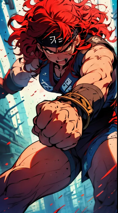 Taekwondo girl,superhero,red hair,action pose,aggression,bare legs,headband on hands,curly hair,ultra-detailed,physically-based rendering,professional,sharp focus,studio lighting,vivid colors,portraits