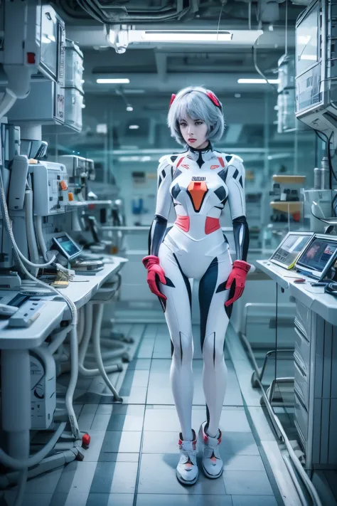 The full body Portrait of Rei Ayanami from Neon Genesis Evangelion, inside the NERV lab with lots of scientists, detailed scene,...