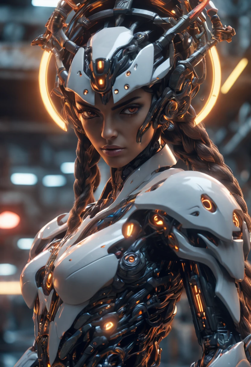 ((Best Quality)), ((Masterpiece)), (Very Detailed: 1.3), 3D, Icaru valkirie-mecha, Beautiful cyberpunk woman wearing crown, with master chef style armor, sci-fi technology, HDR (High Dynamic Range), ray tracing, nvidia RTX, super resolution, unreal 5, subsurface scattering, PBR texture, post-processing, anisotropic filtering, depth of field, maximum sharpness and sharpness, multi-layer texture, Specular and albedo mapping, surface shading,  accurate simulation of light-material interactions, perfect proportions, octane rendering, duotone lighting, low ISO, white balance, rule of thirds, wide aperture, 8K RAW, high efficiency subpixels, subpixel convolution, light particles, light scattering, Tyndall effect, very sexy, full body, battle pose, black hair with braids,