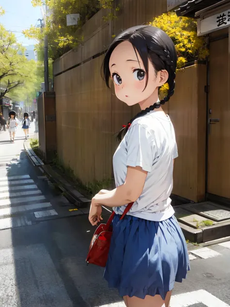 girl walking in ueno、bloomers、white tee shirt、low twintail, (forehead), braid、short hair、