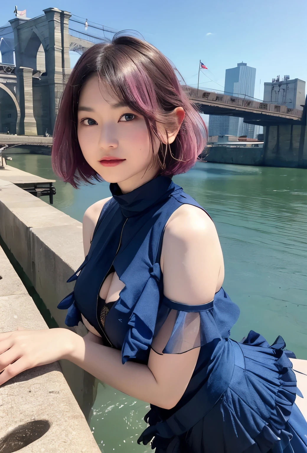 Black dress posing for photo、(pink hair:1.2)、beautiful asian girl、japanese girl、cute thin face of girl、young woman、short hair、smile、((highest quality、8k、masterpiece:1.3))、focus:1.2、perfect body beauty:1.4、B cup breasts、butt:1.4、((layered haircut、beautiful breasts:1.5))、Mesh Sleeve Dress、see through dress;1.3、bandeau dress:1.1、Highly detailed face and skin texture、delicate eyes、double eyelid、 white skin、long hair、(blue sky:1.1)、(Black dress:1.2)、Brooklyn Bridge、Brooklyn cityscape
