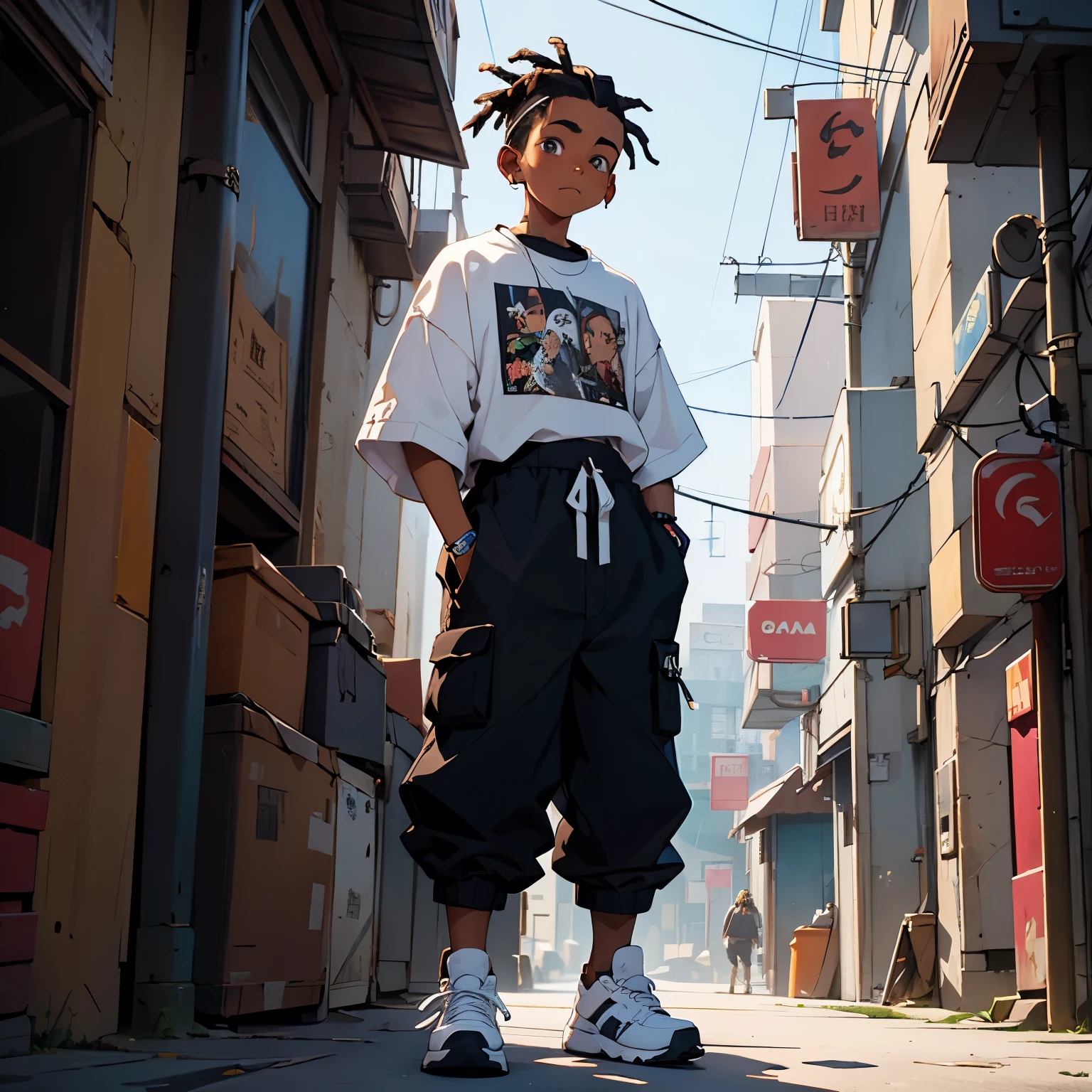 boy with dreadlocks on his head with a low cut on the sides, camisa folgada lanja, black baggy pants and white sneakers, estilo rapper, cyberpunk