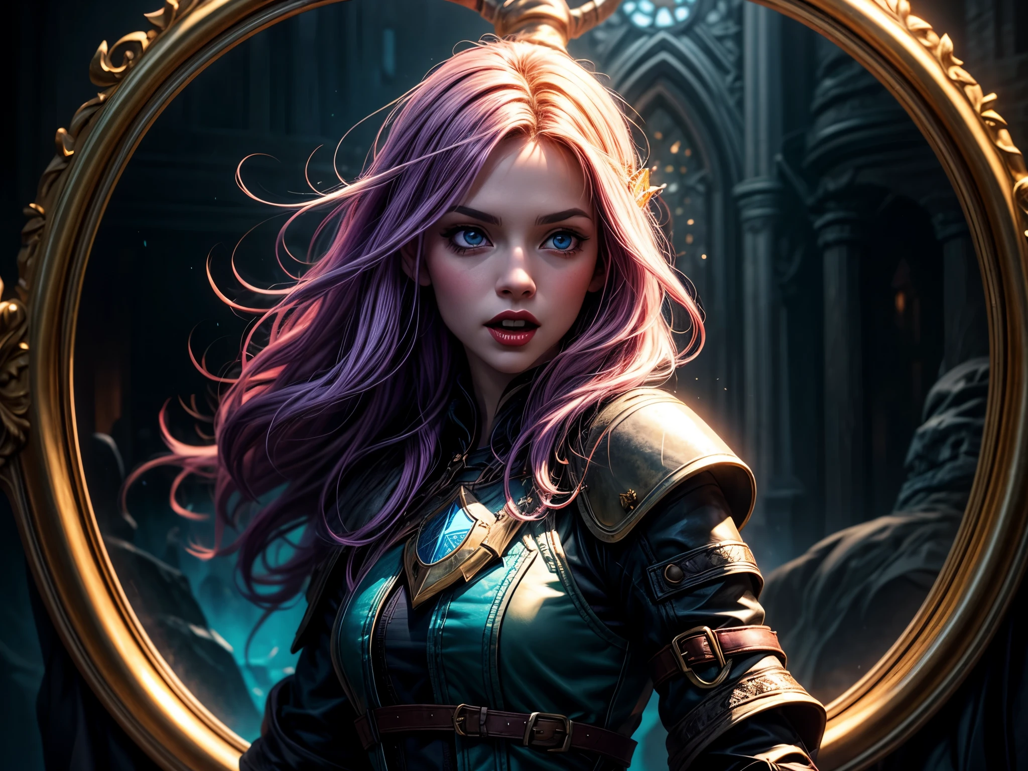 fantasy art, dnd art, RPG art, wide shot a picture of a (1soloshield: 1.5) with a decoration of a beautiful female vampire elf, blood dripping, vampiric fangs, with a long curvy hair, light color hair, blue eyes, high details, best quality, 16k, [ultra detailed], masterpiece, best quality, (extremely detailed), close up, photorealistic, RAW, fantasy art, dnd art, fantasy art, realistic art, Glowing Purple