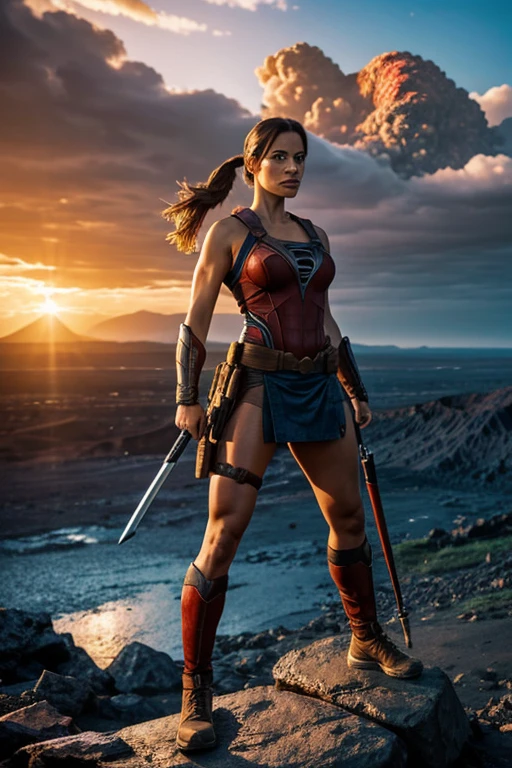 Lara Croft schlüpft in ein Superwoman-Kostüm, blaue und rote Farbtöne, Schlangenhautstruktur mit markantem großen „S“, gepaart mit einem sehr kurzen Faltenrock, Ihr Haar ist zu Zöpfen frisiert und umrahmt ein perfektes Gesicht, stehend auf einem Felsen mit Vulkan im Hintergrund, dramatische Atmosphäre, Filmkomposition, Hochformat, heroische Haltung, digitale Zeichnung, ultra-realistisch, dramatische Beleuchtung.