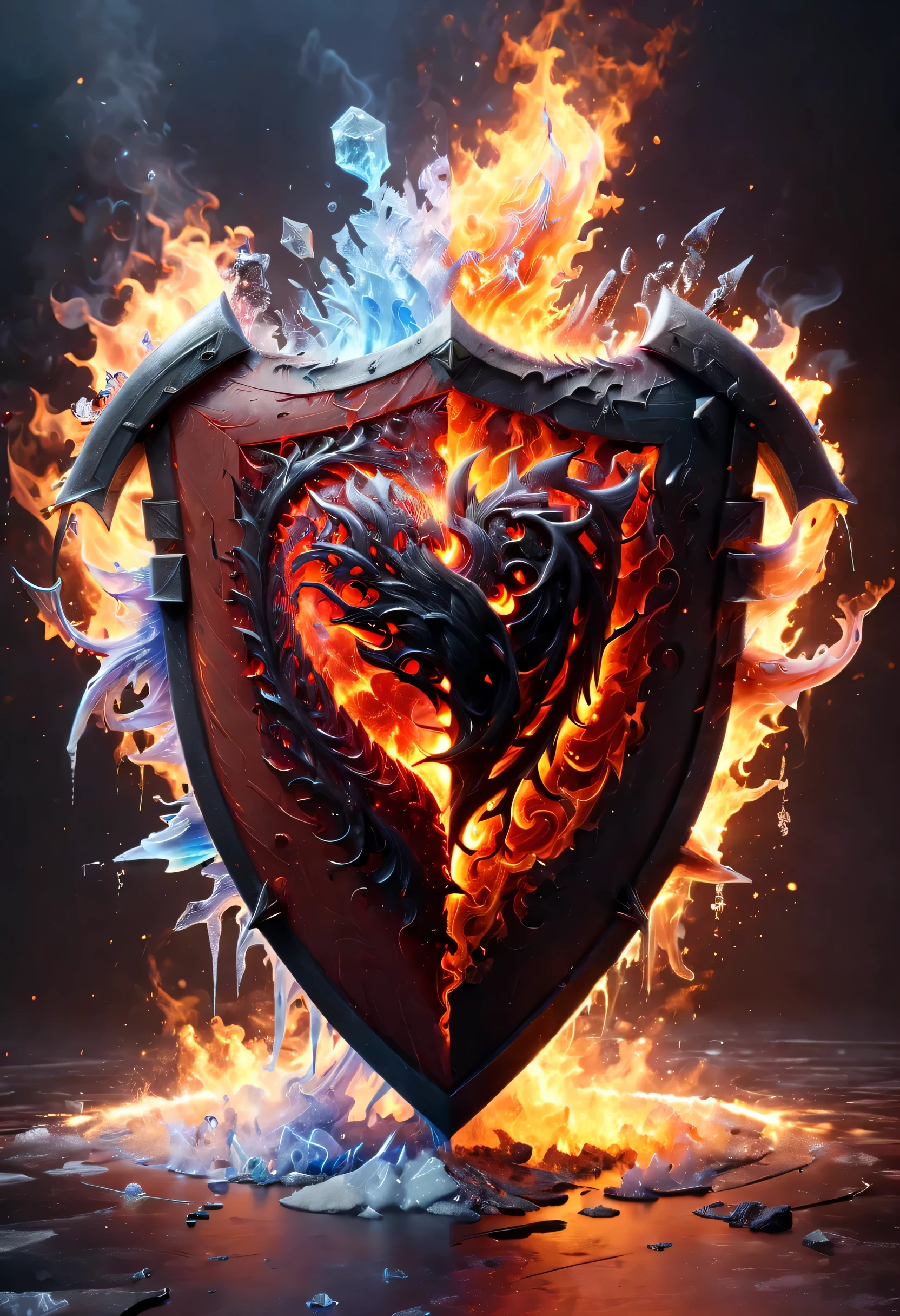 A fire and flames are surrounding a shield with a dragon on it - SeaArt AI