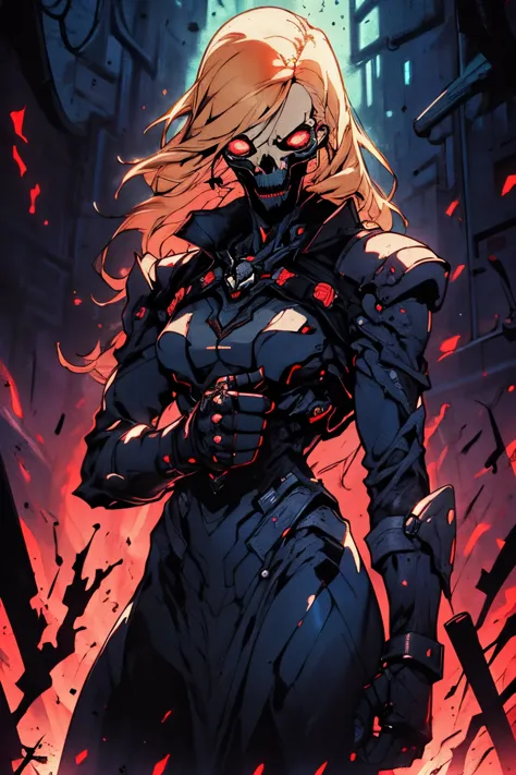 A skull face woman with a whip, the ultimate super villain, is depicted in a scene wearing a black military outfit. Her striking blonde hair adds to her fierce and commanding presence. The image quality is of the highest standard, featuring 4K resolution a...