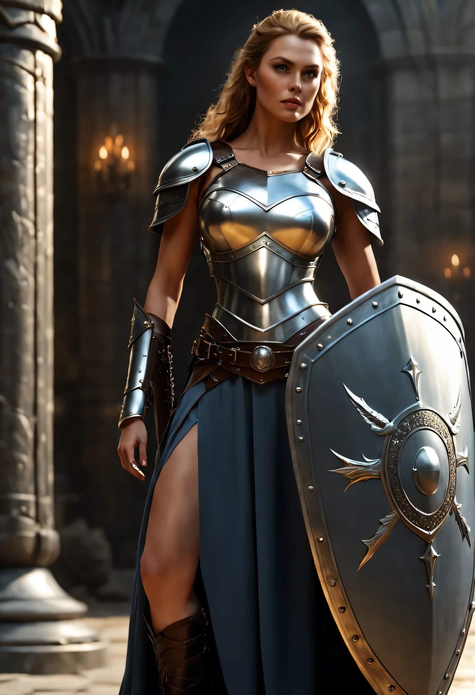 A woman in armor holding a shield and sword - SeaArt AI