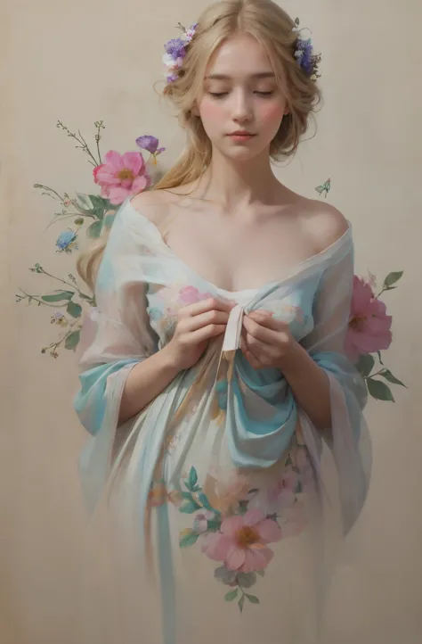 1girls,floral, Lycianthus ,In light pink and light blue styles..., Dreamy and romantic composition..., dripping flowers on her f...