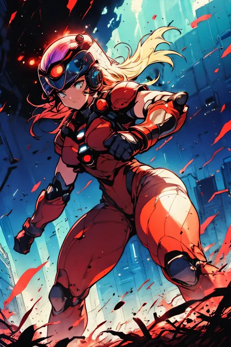 a girl transforming into a Tokusatsu super hero, flowing costume, vibrant colors, shiny metallic armor, detailed helmet design, high-tech gadgets, action-packed scene, intense fighting pose, dynamic camera angle, explosive special effects, epic battle agai...