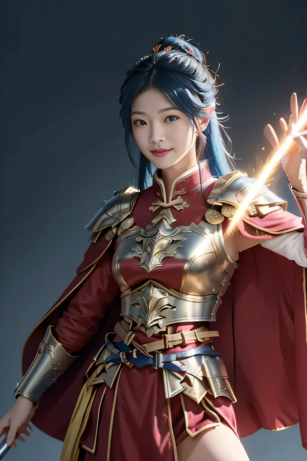 Chinese female general Hua Mulan，Saffron Hu suit lining，Detail the eyes，Crimson cape，Gold metal breastplate，silver helmet，battlefield background，majestic，Smile（open mouth）（The corners of the mouth are raised），Leather tunic，Knee armor，Eight clones，red metal headband，light blue hair，Hair bun raised high。wild wilderness background