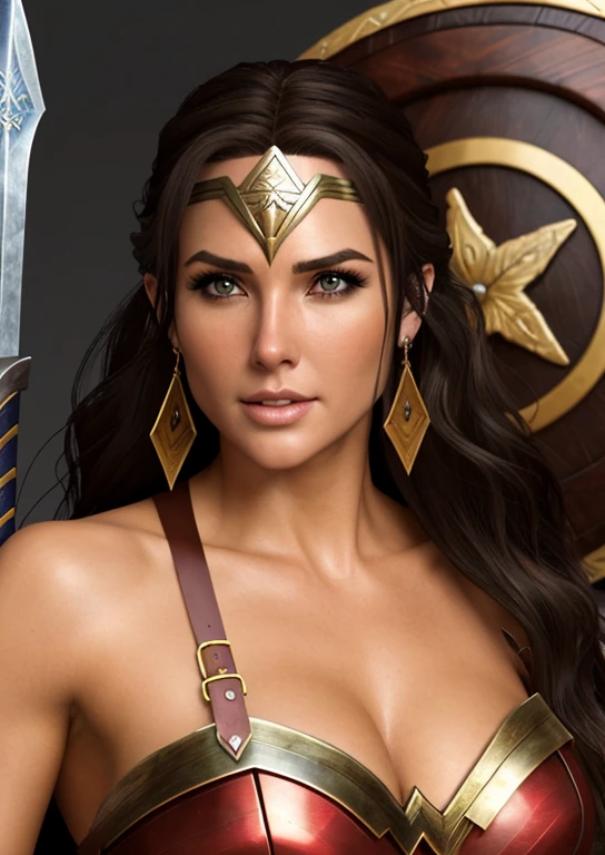a close up of a woman in a costume holding a sword and shield, beautiful female warrior, warrior woman, a beautiful woman warrior, female warrior, warrior princess, portrait of wonder woman, warrior girl, greek amazon warrior, muscular warrior women, amazon warrior, warrior queen, north adult female warrior, barbarian warrior woman, artgerm ; 3d unreal engine, wonder woman