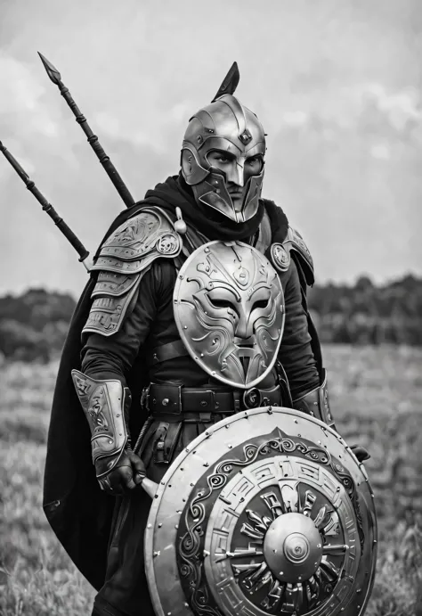 black and white photography照片），black and white photography，（huge golden shield和汤姆·哈迪），（huge golden shield），Tom Hardy wearing a mask，mystery，His mask is well made，smooth lines，Perfectly complimenting his handsome face，The mask covers most of his face，Only t...