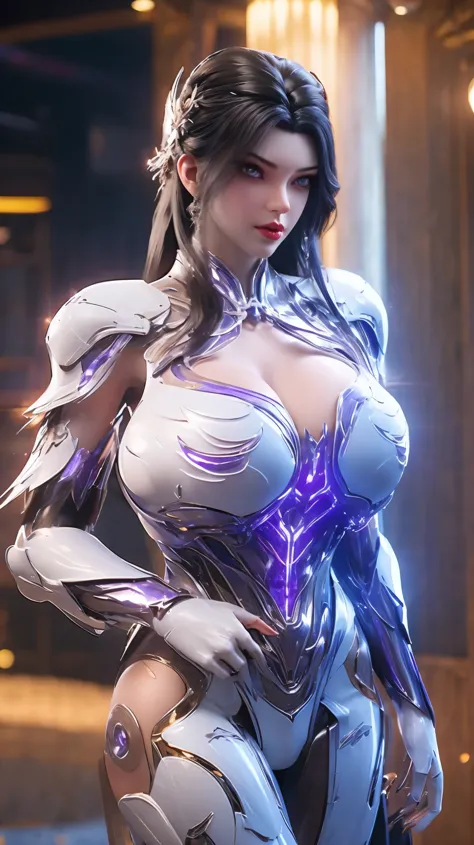 A beauty girl with black hair, 1GIRL, (PHOENIX GOLD HELM), (GIGANTIC FAKE BREASTS:1.6), ((CLEAVAGE:1.5)), (MUSCLE ABS:1.3), ((MECHA GUARD ARMS,DIAMOND CORE IN MECHA:1.1)), (PURPLE SHINY FUTURISTIC MECHA BARE BODY, BLACK MECHA SKINTIGHT SUIT PANTS, CLOSE UP...